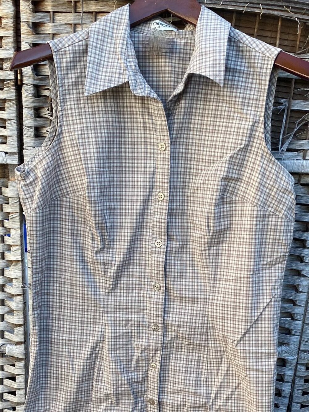 1990s Cherokee Sleeveless Shirt Dress Brown Plaid Button Up Front Vintage Womens
